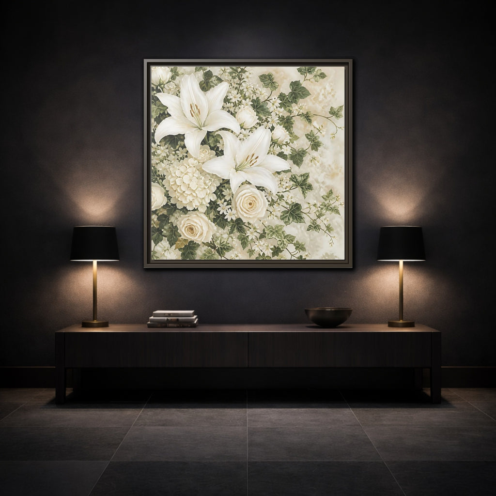 Mockup 3. Floral White Lilies White And Green Floral shown as stretched canvas wall art
