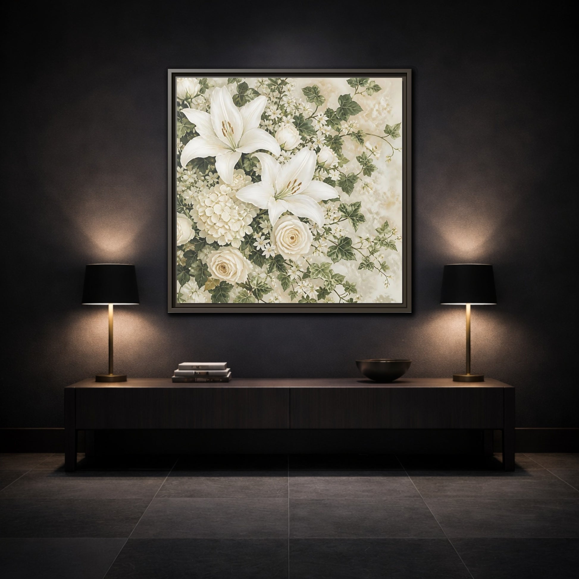 Mockup 3. Floral White Lilies White And Green Floral shown as stretched canvas wall art