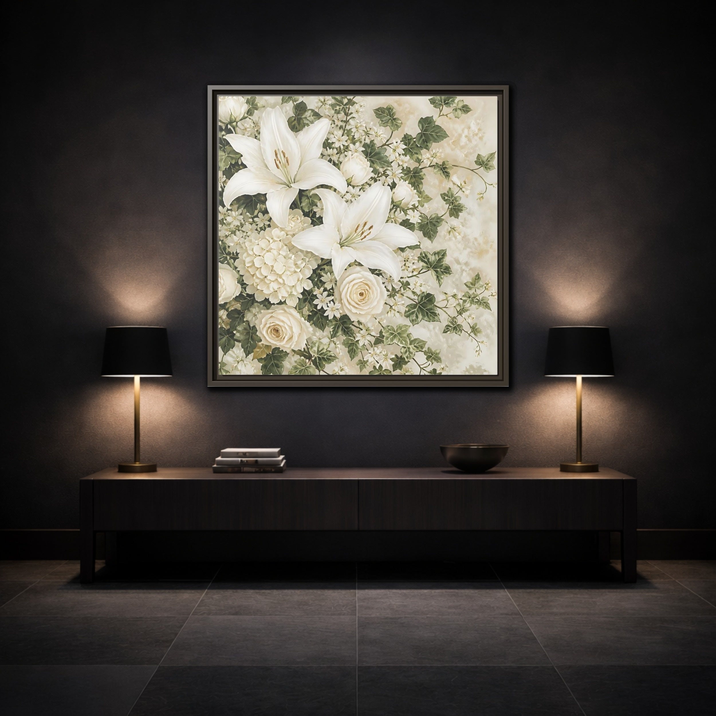 Mockup 3. Floral White Lilies White And Green Floral shown as stretched canvas wall art
