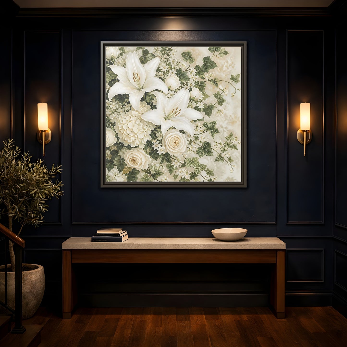 Mockup 4. Floral White Lilies White And Green Floral shown as stretched canvas wall art