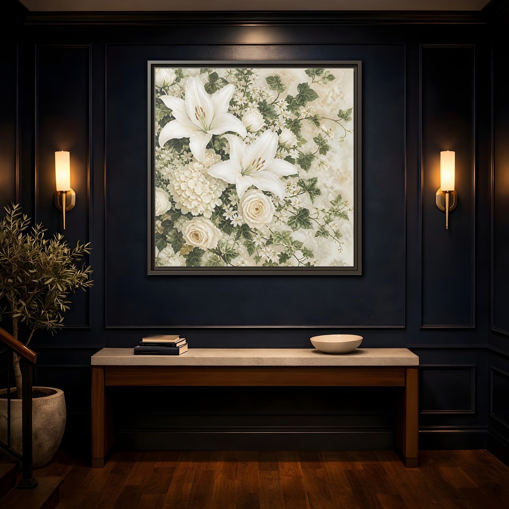 Mockup 4. Floral White Lilies White And Green Floral shown as stretched canvas wall art