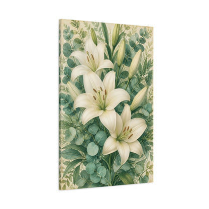 Main Mockup. Floral White Lily Bouquet shown as canvas print
