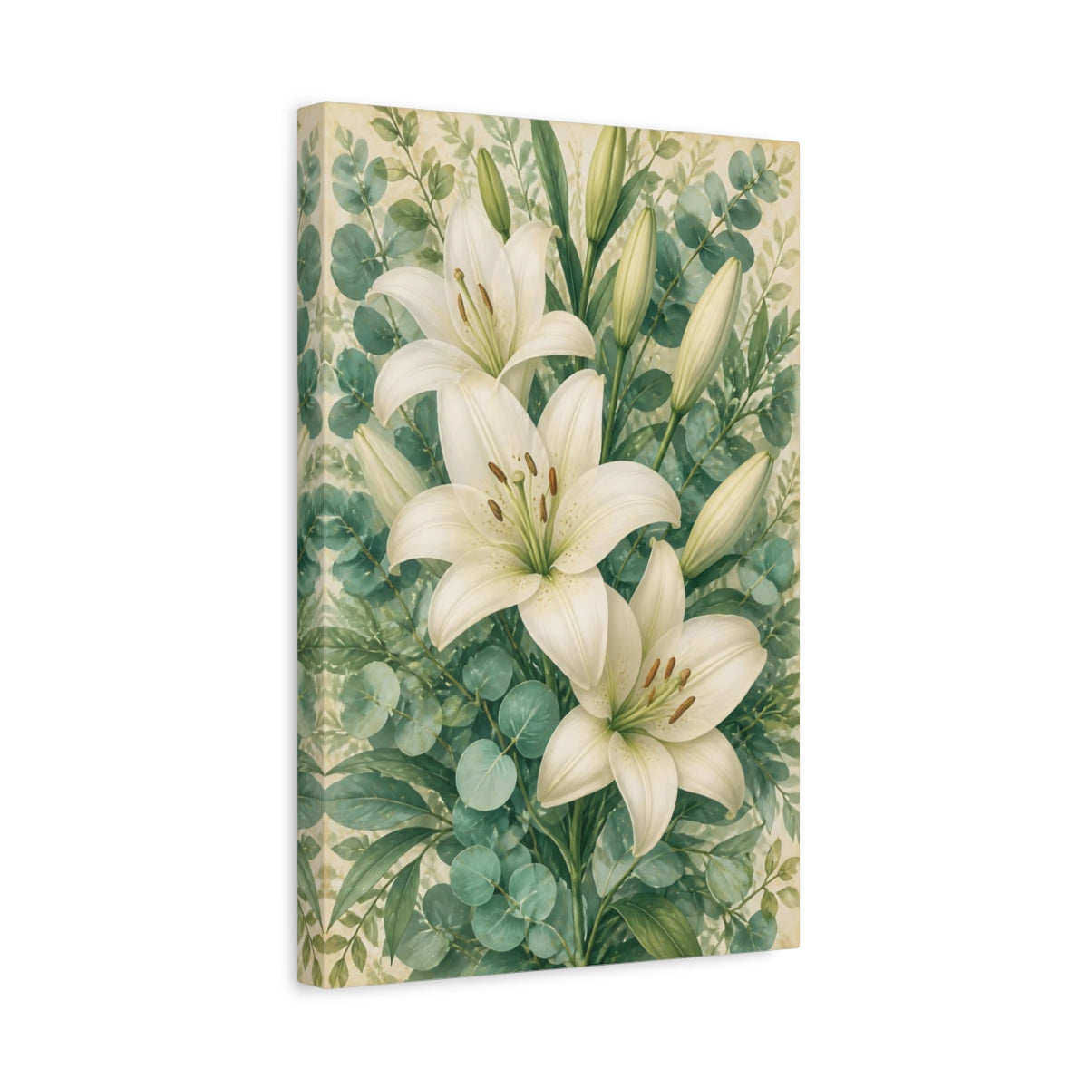 Side Mockup 4. Floral White Lily Bouquet shown as canvas print