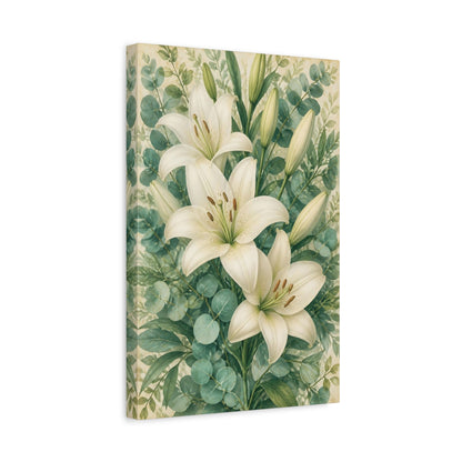 Side Mockup 4. Floral White Lily Bouquet shown as canvas print