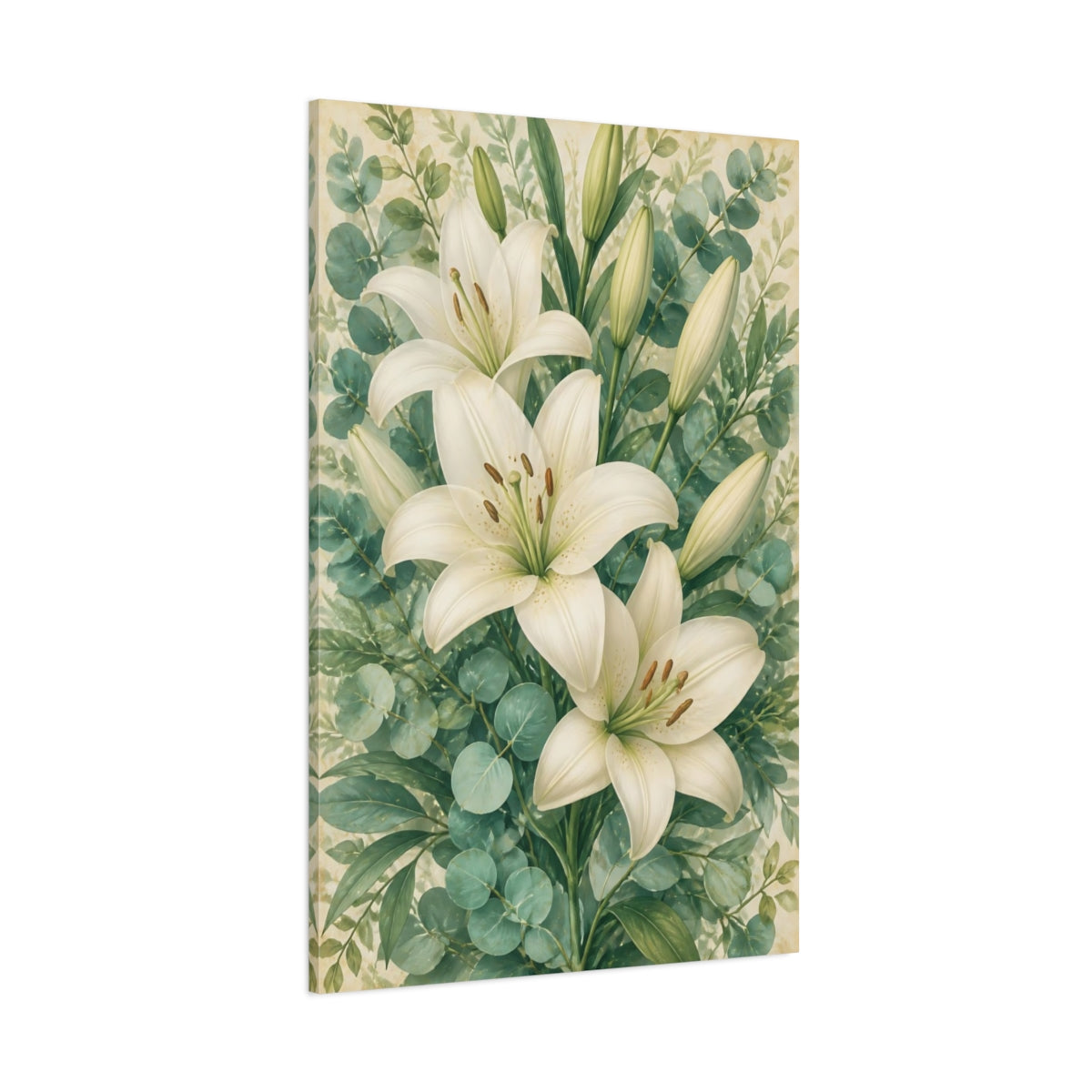 Side Mockup 1. Floral White Lily Bouquet shown as canvas print