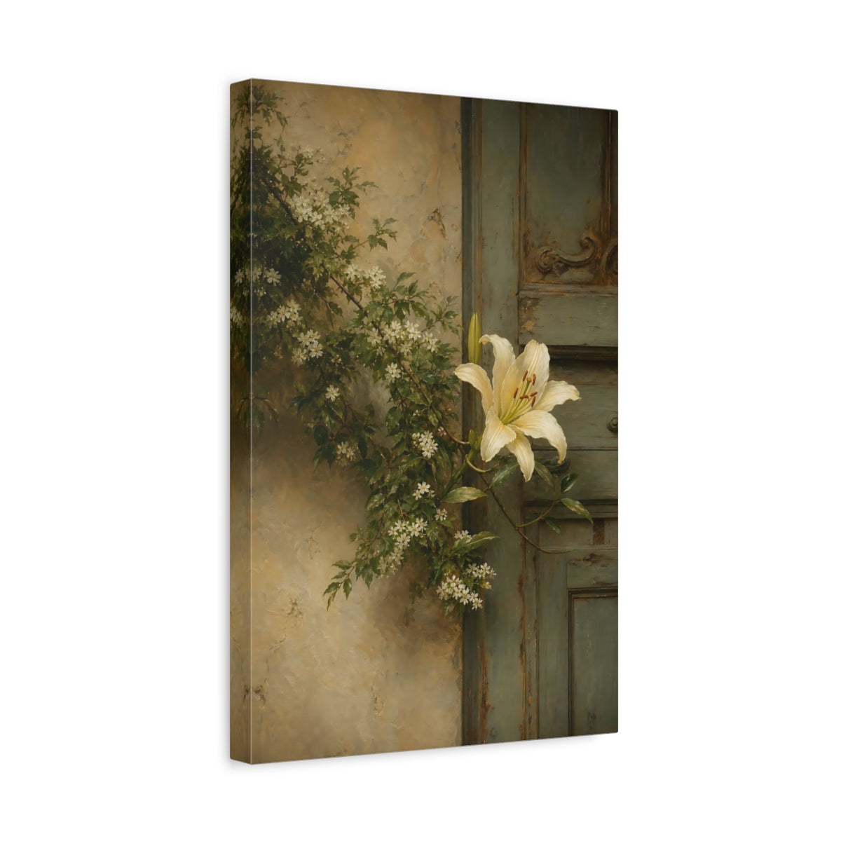 Side Mockup 4. Floral White Lily Cream And Green shown as stretched canvas wall art