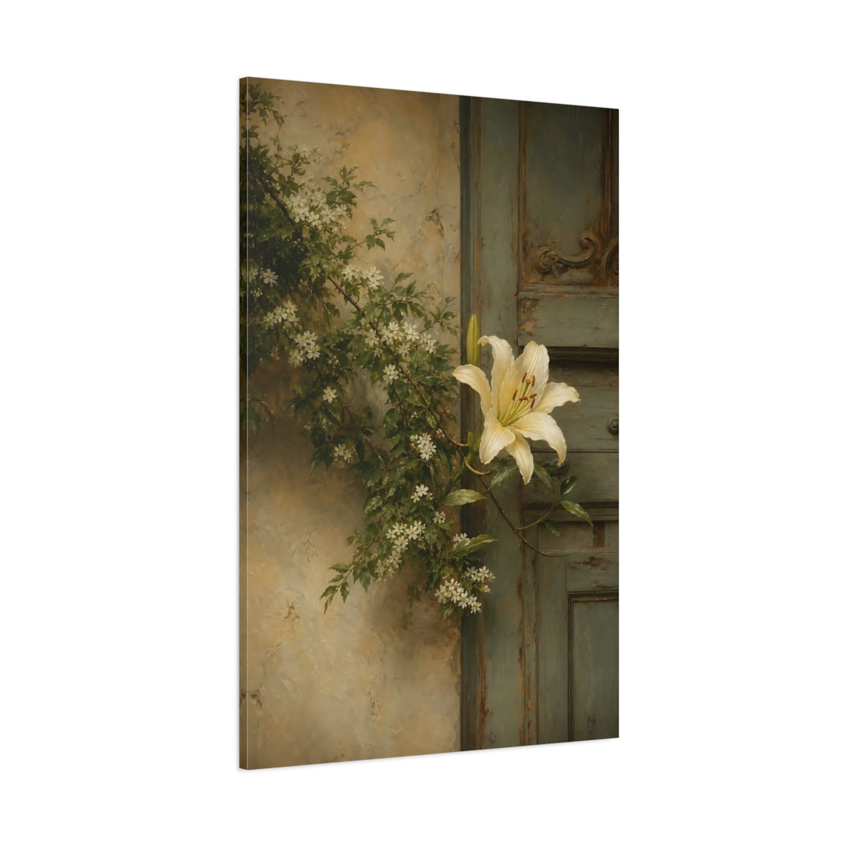 Side Mockup 1. Floral White Lily Cream And Green shown as stretched canvas wall art