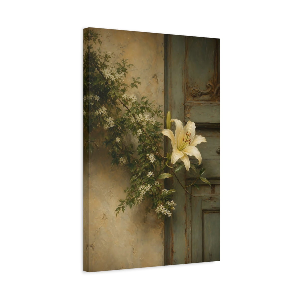 Side Mockup 3. Floral White Lily Cream And Green shown as stretched canvas wall art