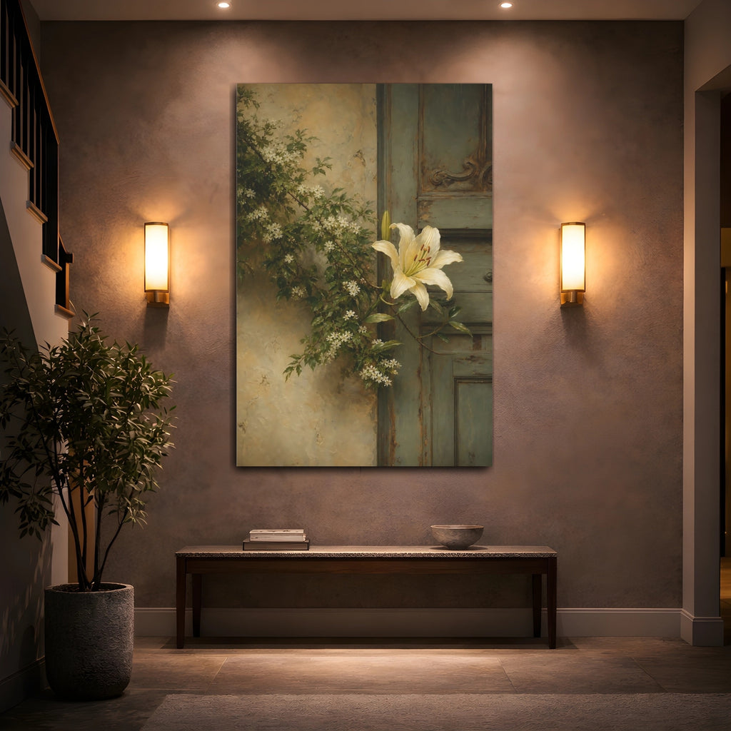 Mockup 2. Floral White Lily Cream And Green shown as stretched canvas wall art