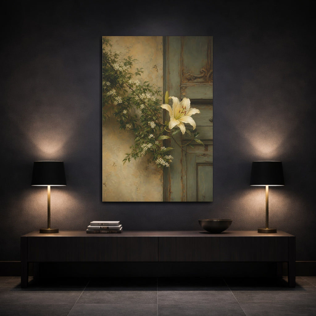 Mockup 3. Floral White Lily Cream And Green shown as stretched canvas wall art