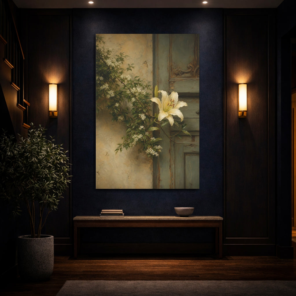 Mockup 4. Floral White Lily Cream And Green shown as stretched canvas wall art