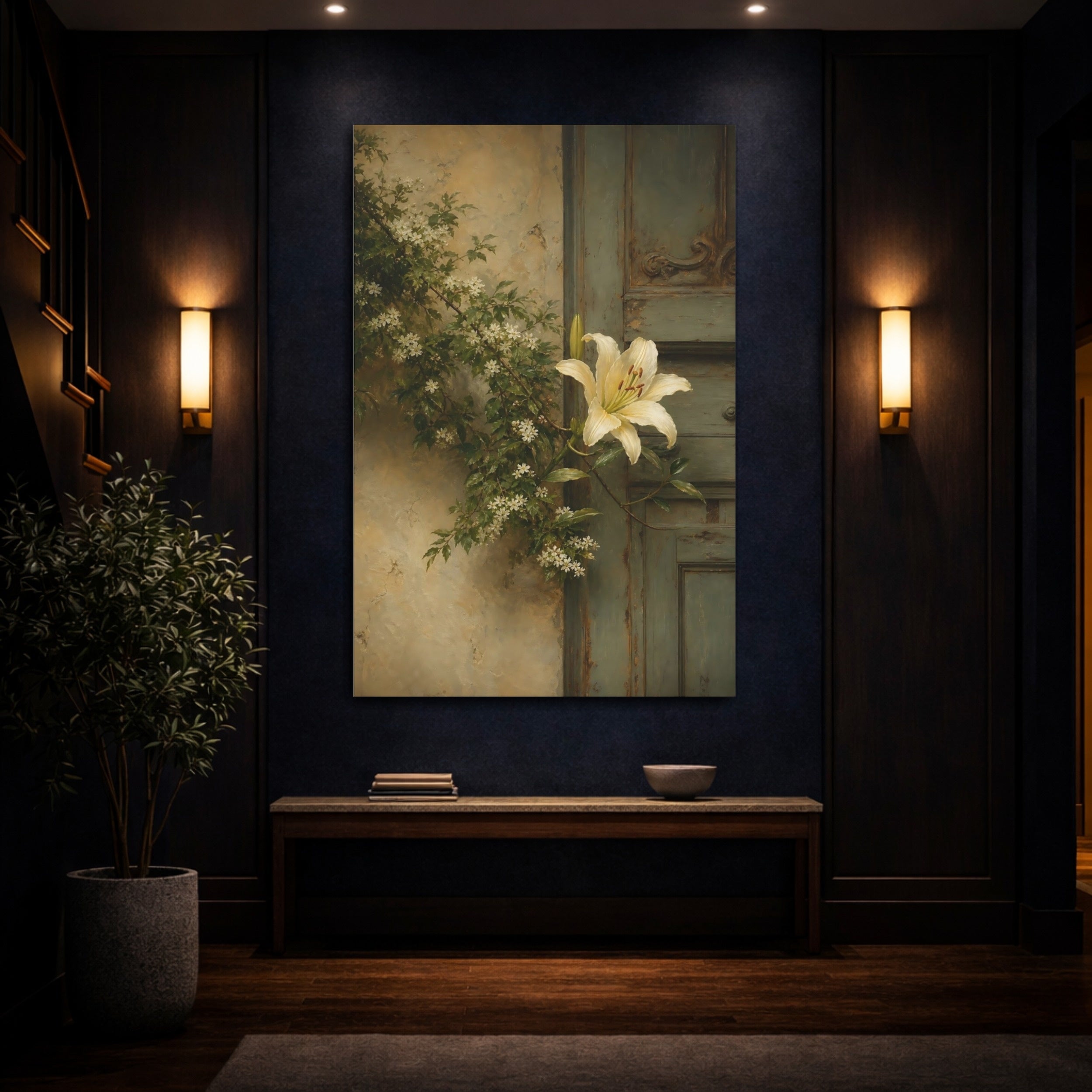 Mockup 4. Floral White Lily Cream And Green shown as stretched canvas wall art