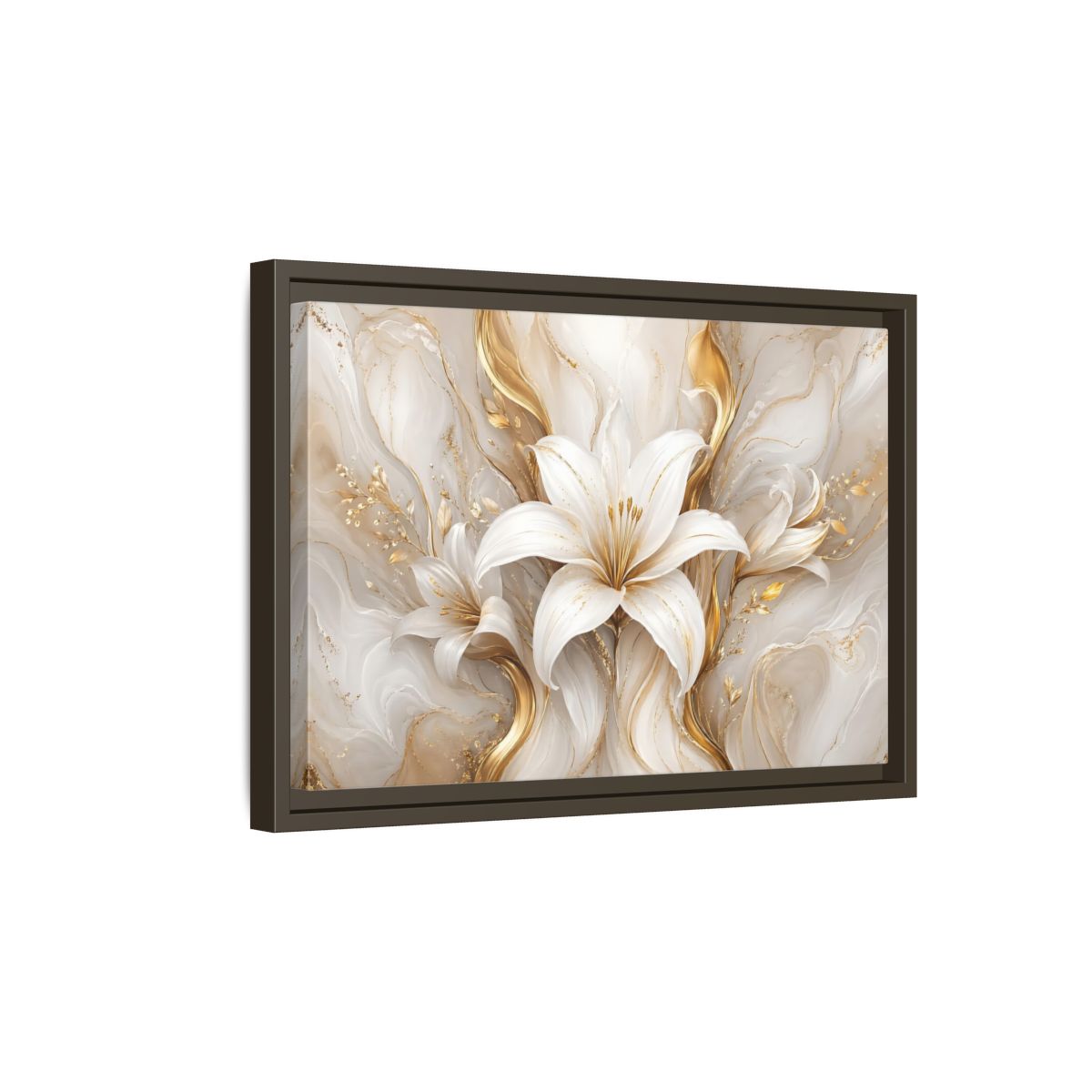 Side Mockup 5. Floral White Lily White Gold Floral shown as stretched canvas wall art