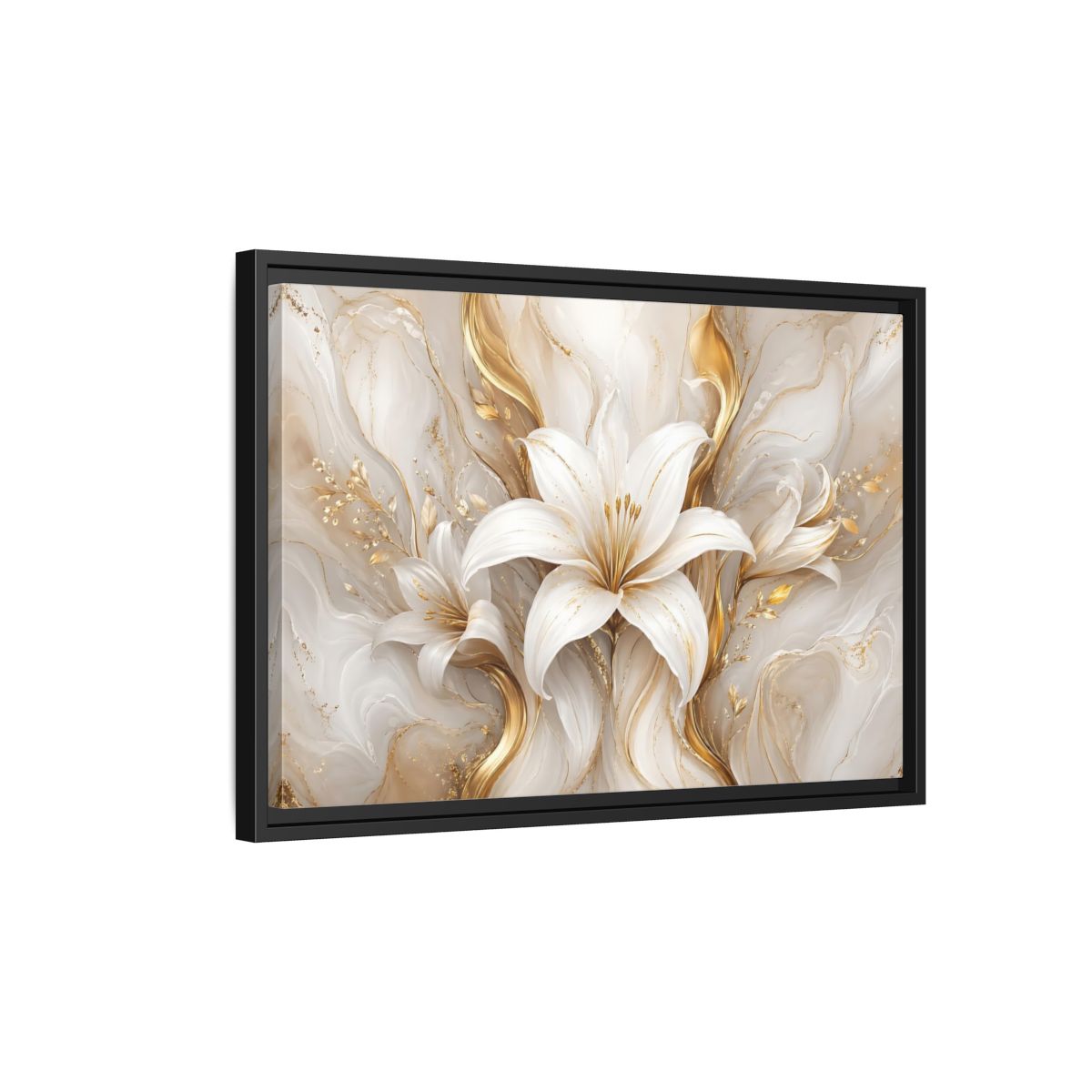 Side Mockup 3. Floral White Lily White Gold Floral shown as stretched canvas wall art