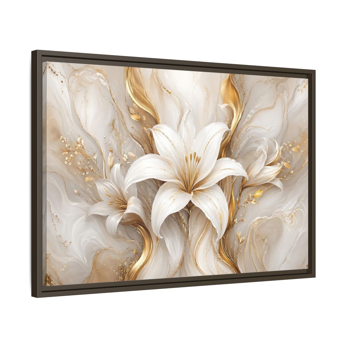 Side Mockup 11. Floral White Lily White Gold Floral shown as stretched canvas wall art