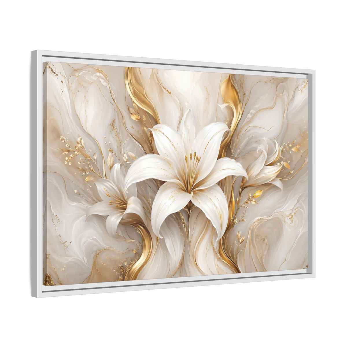 Side Mockup 10. Floral White Lily White Gold Floral shown as stretched canvas wall art