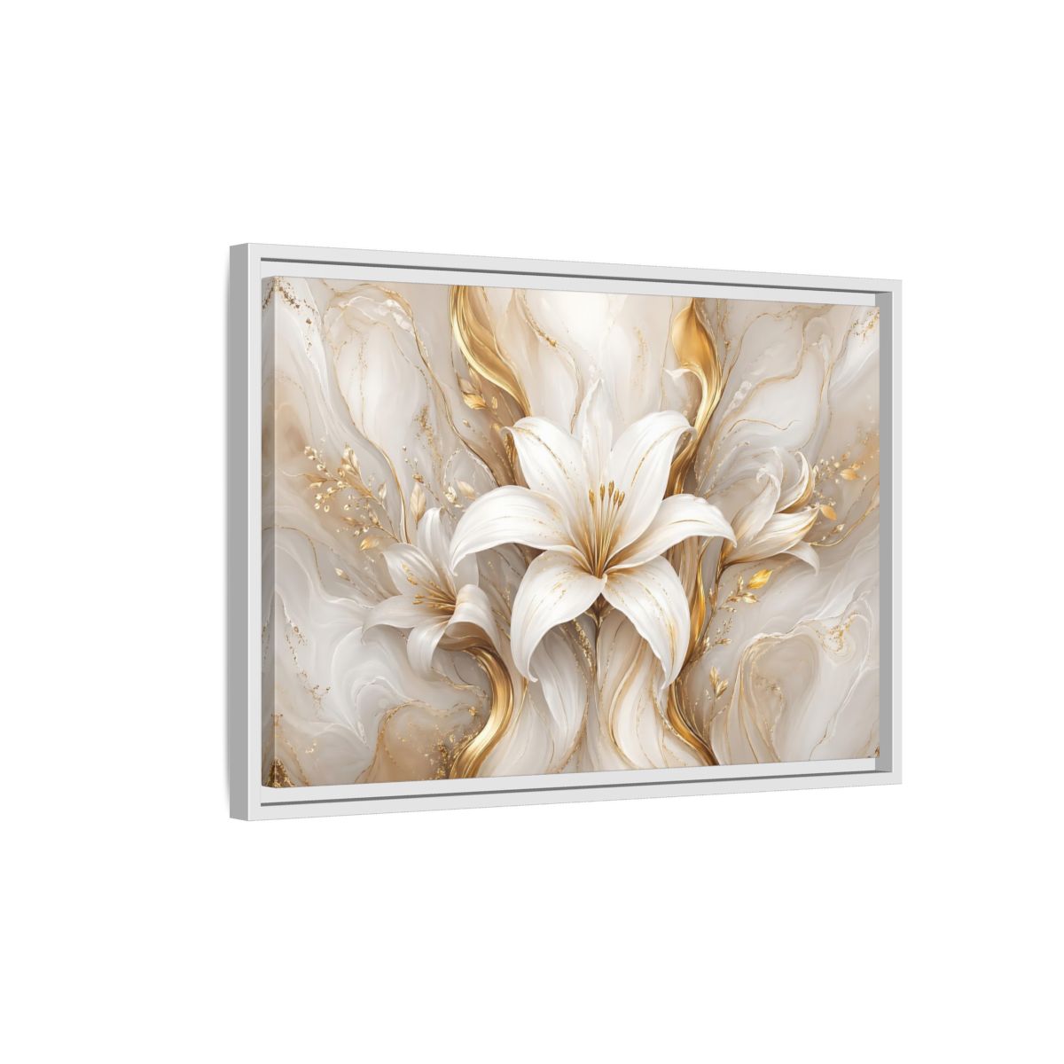 Side Mockup 1. Floral White Lily White Gold Floral shown as stretched canvas wall art