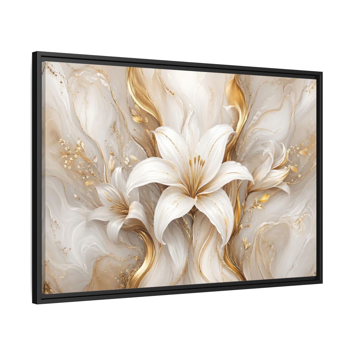 Side Mockup 13. Floral White Lily White Gold Floral shown as stretched canvas wall art