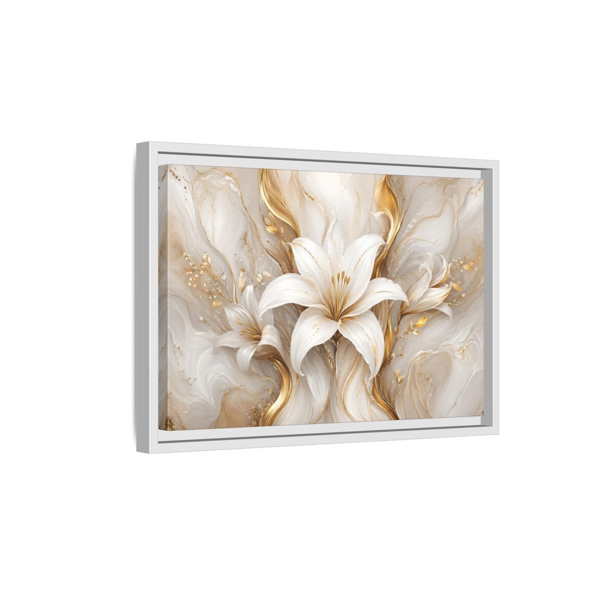 Side Mockup 4. Floral White Lily White Gold Floral shown as stretched canvas wall art
