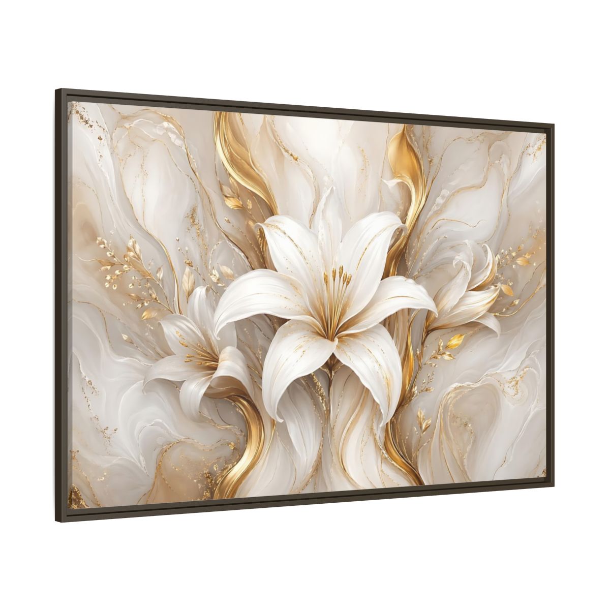 Side Mockup 8. Floral White Lily White Gold Floral shown as stretched canvas wall art
