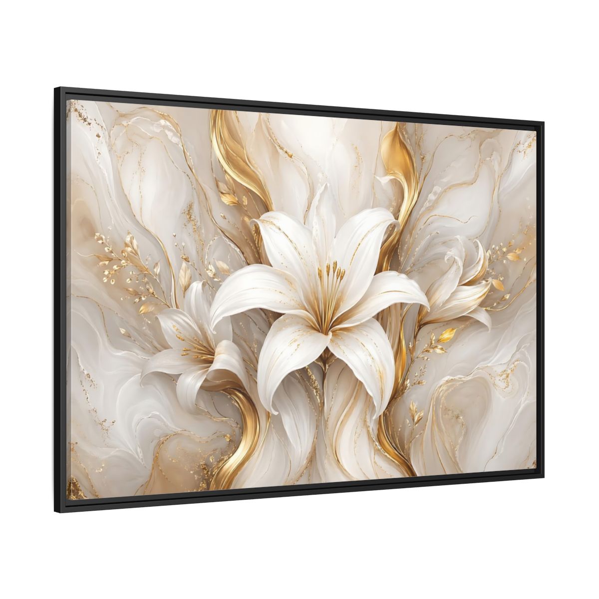 Side Mockup 12. Floral White Lily White Gold Floral shown as stretched canvas wall art