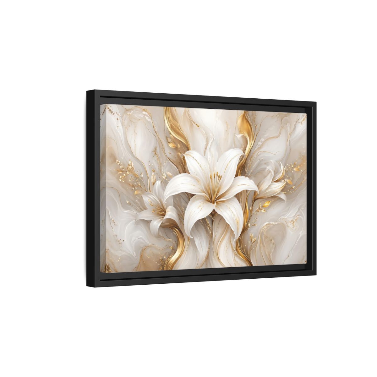 Side Mockup 6. Floral White Lily White Gold Floral shown as stretched canvas wall art
