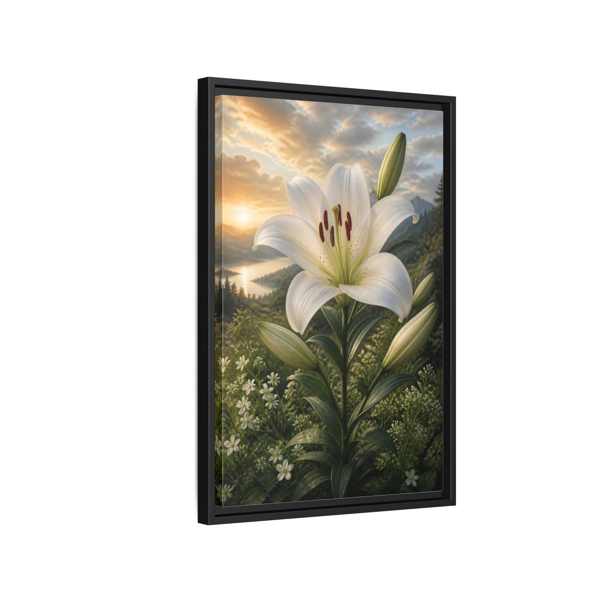 Side Mockup 3. Floral White Lily White Lily Landscape shown as stretched canvas wall art