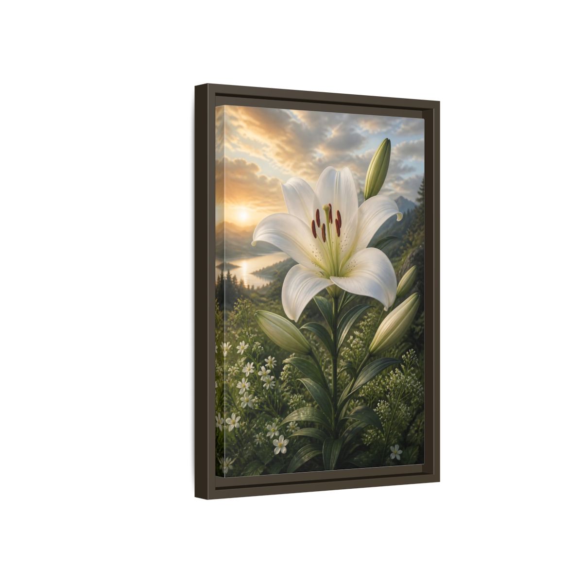 Side Mockup 5. Floral White Lily White Lily Landscape shown as stretched canvas wall art