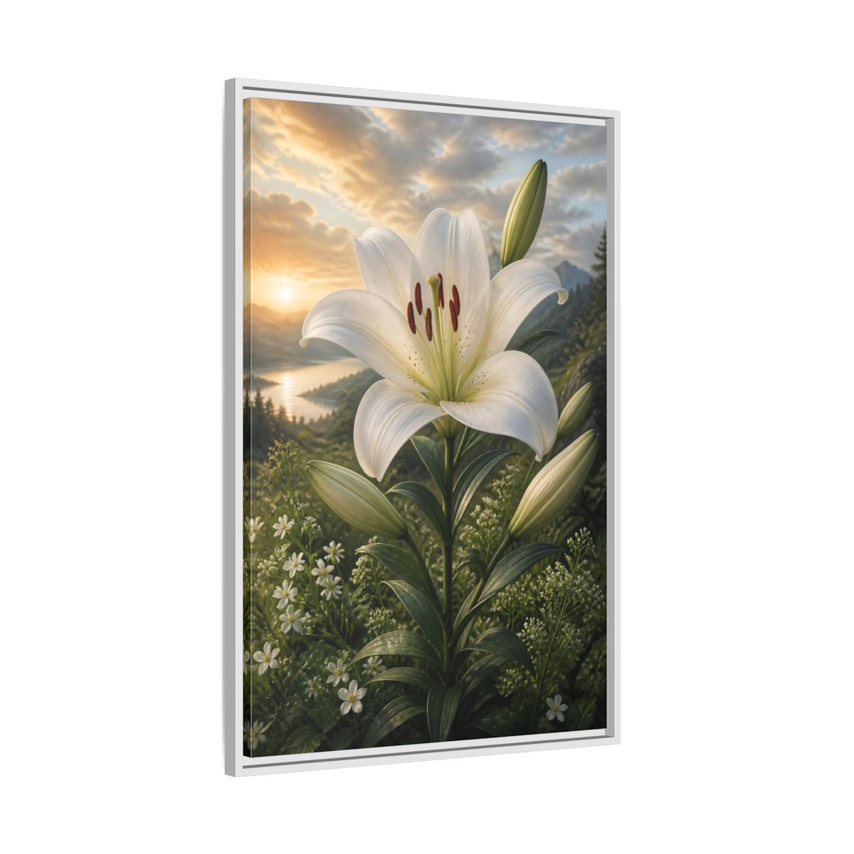 Side Mockup 9. Floral White Lily White Lily Landscape shown as stretched canvas wall art