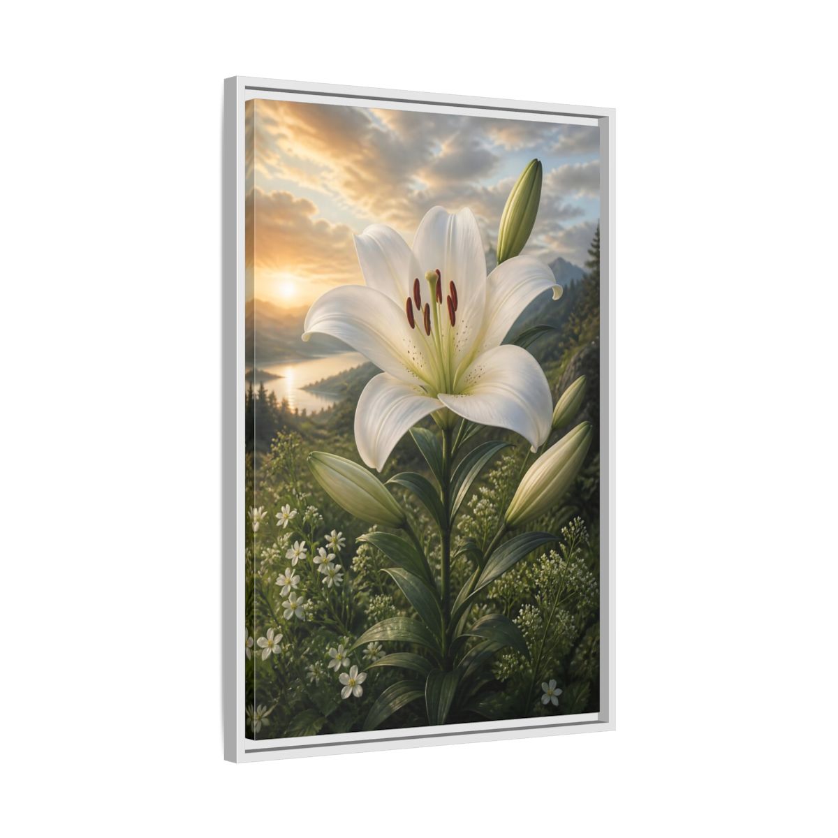 Side Mockup 10. Floral White Lily White Lily Landscape shown as stretched canvas wall art