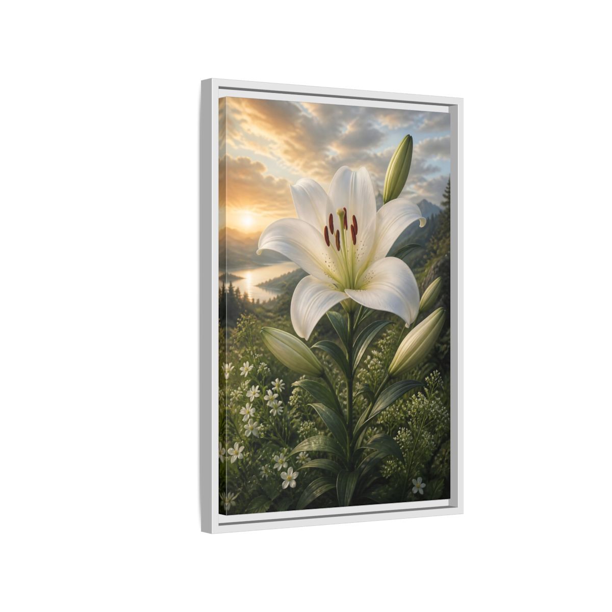 Side Mockup 1. Floral White Lily White Lily Landscape shown as stretched canvas wall art