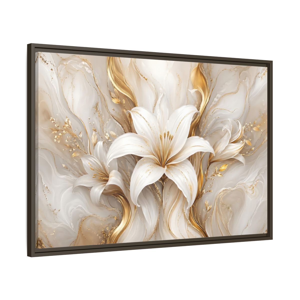 Main Mockup. Floral White Lily White Gold Floral shown as stretched canvas wall art