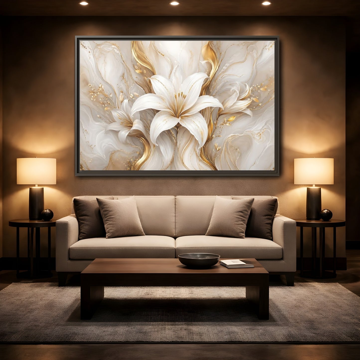 Mockup 2. Floral White Lily White Gold Floral shown as stretched canvas wall art