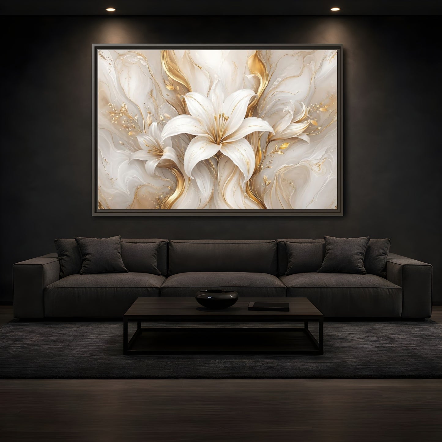 Mockup 3. Floral White Lily White Gold Floral shown as stretched canvas wall art