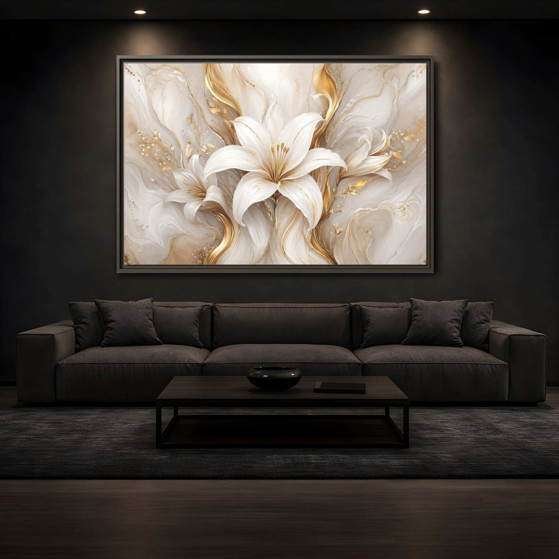 Mockup 3. Floral White Lily White Gold Floral shown as stretched canvas wall art