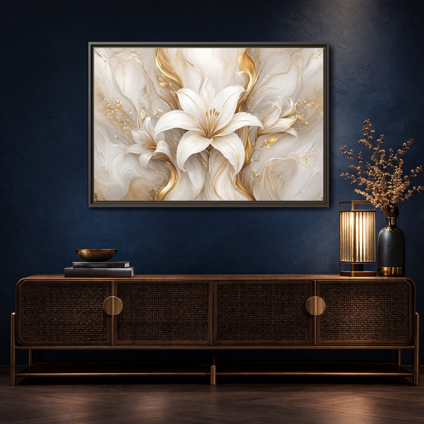 Mockup 4. Floral White Lily White Gold Floral shown as stretched canvas wall art