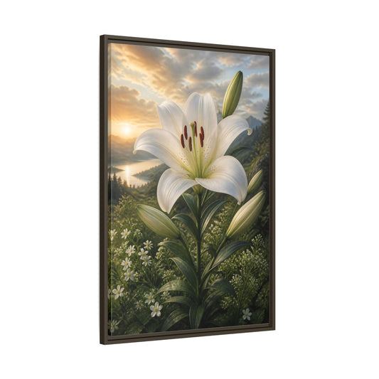 Main Mockup. Floral White Lily White Lily Landscape shown as stretched canvas wall art