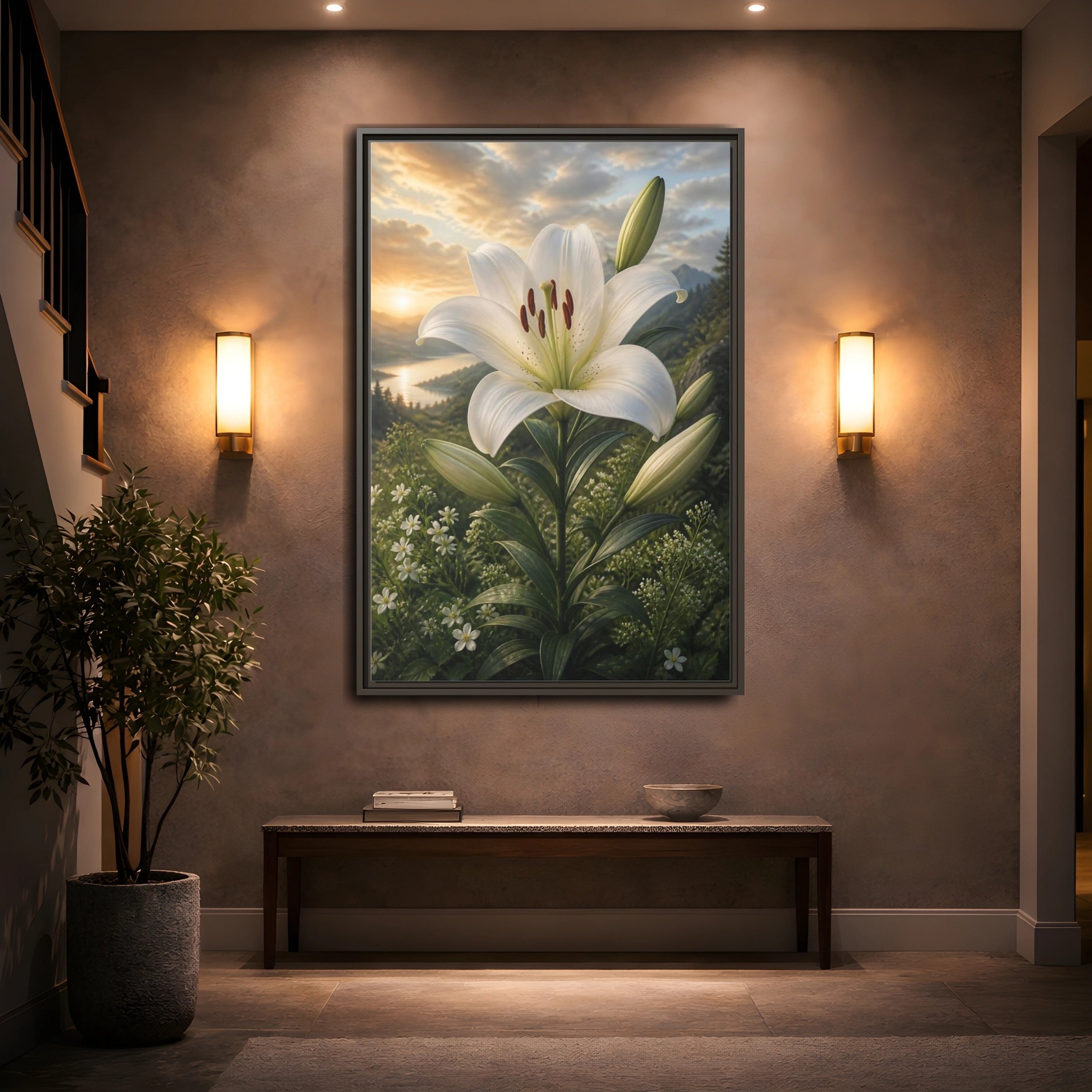 Mockup 2. Floral White Lily White Lily Landscape shown as stretched canvas wall art