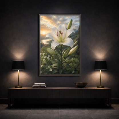 Mockup 3. Floral White Lily White Lily Landscape shown as stretched canvas wall art