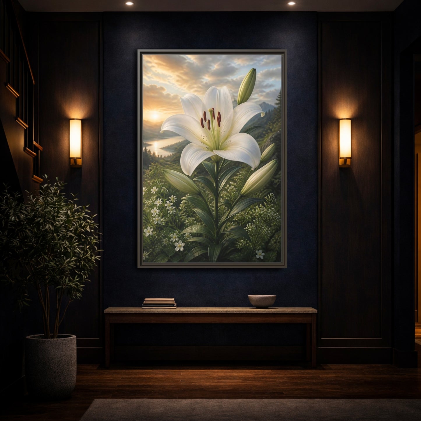 Mockup 4. Floral White Lily White Lily Landscape shown as stretched canvas wall art