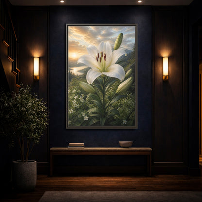 Mockup 4. Floral White Lily White Lily Landscape shown as stretched canvas wall art