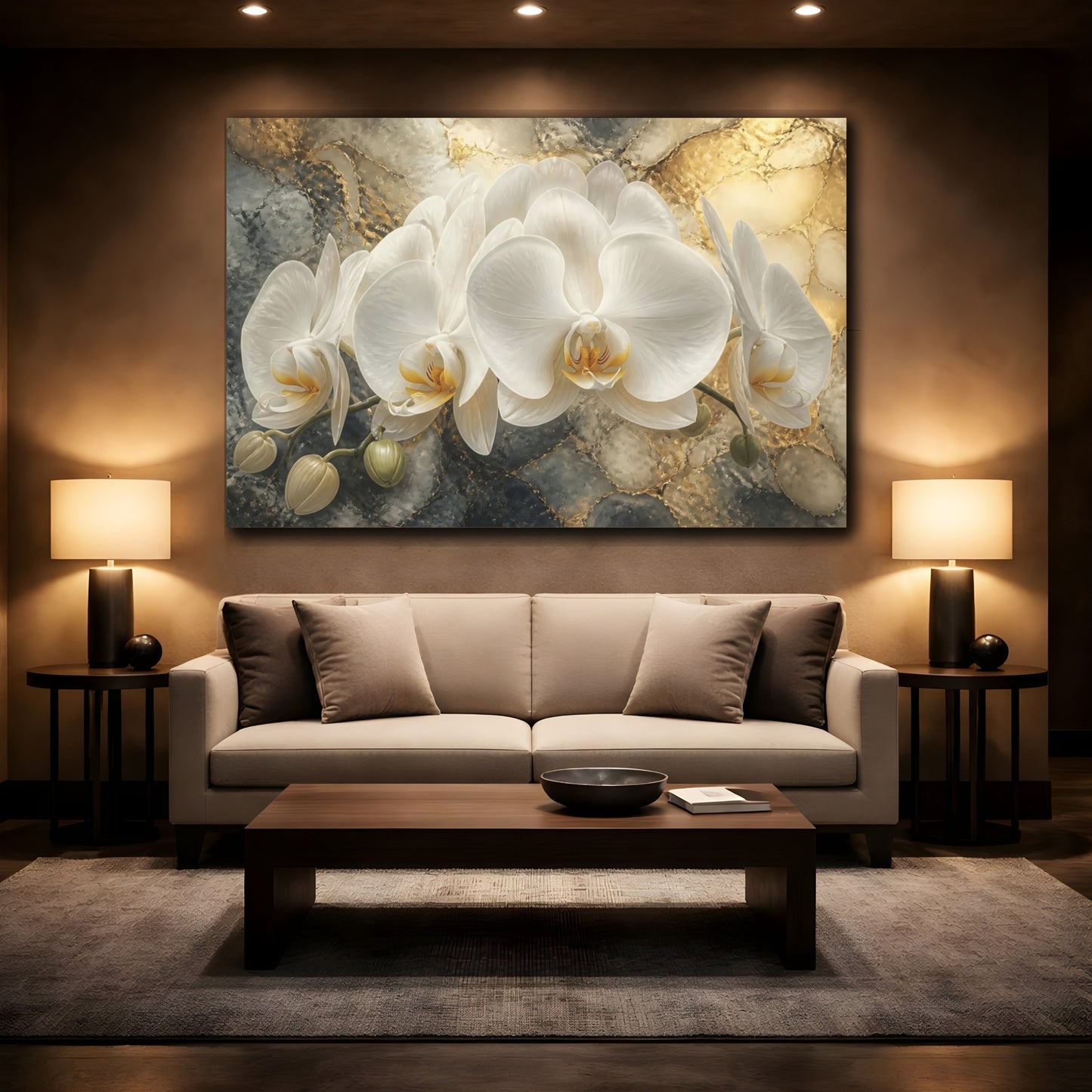 Mockup 2. Floral White Orchid Elegance shown as canvas print