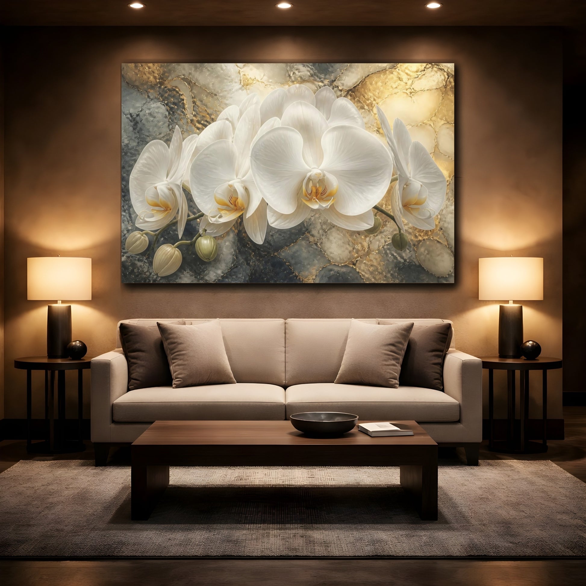 Mockup 2. Floral White Orchid Elegance shown as canvas print