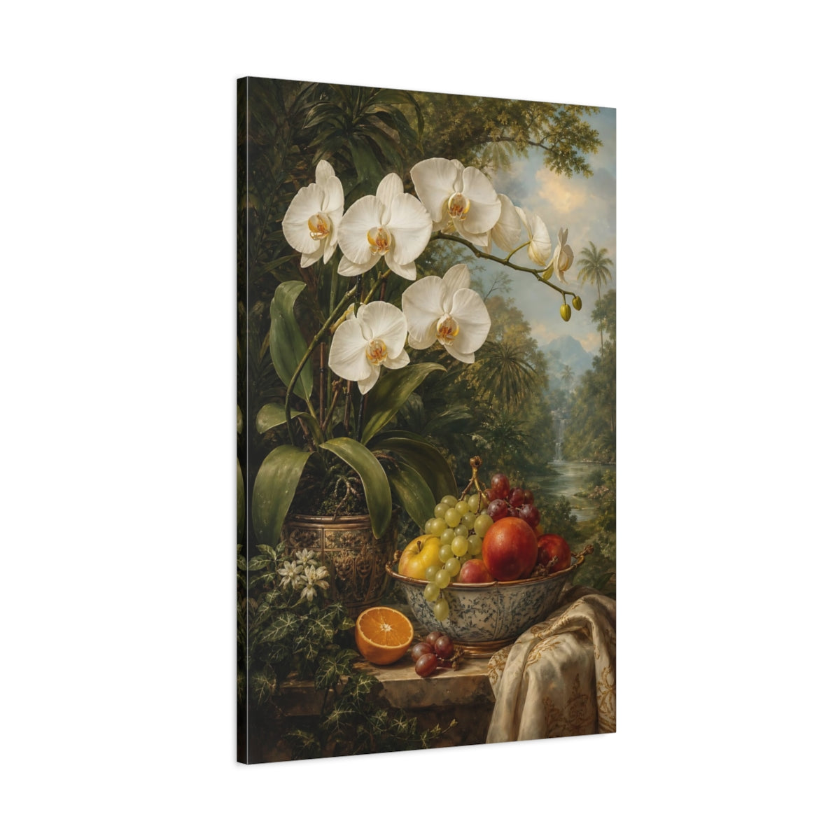 Main Mockup. Floral White Orchid Orchid Still Life shown as stretched canvas wall art