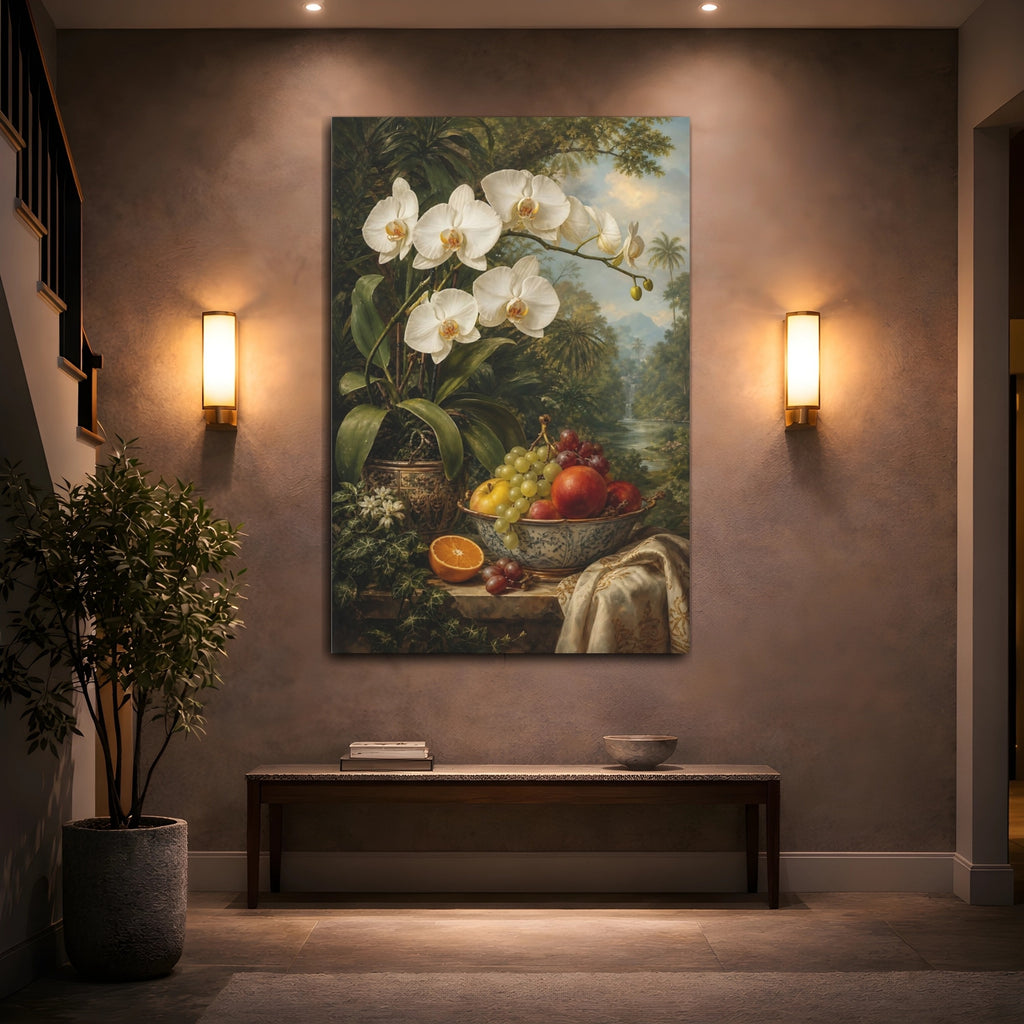 Mockup 2. Floral White Orchid Orchid Still Life shown as stretched canvas wall art