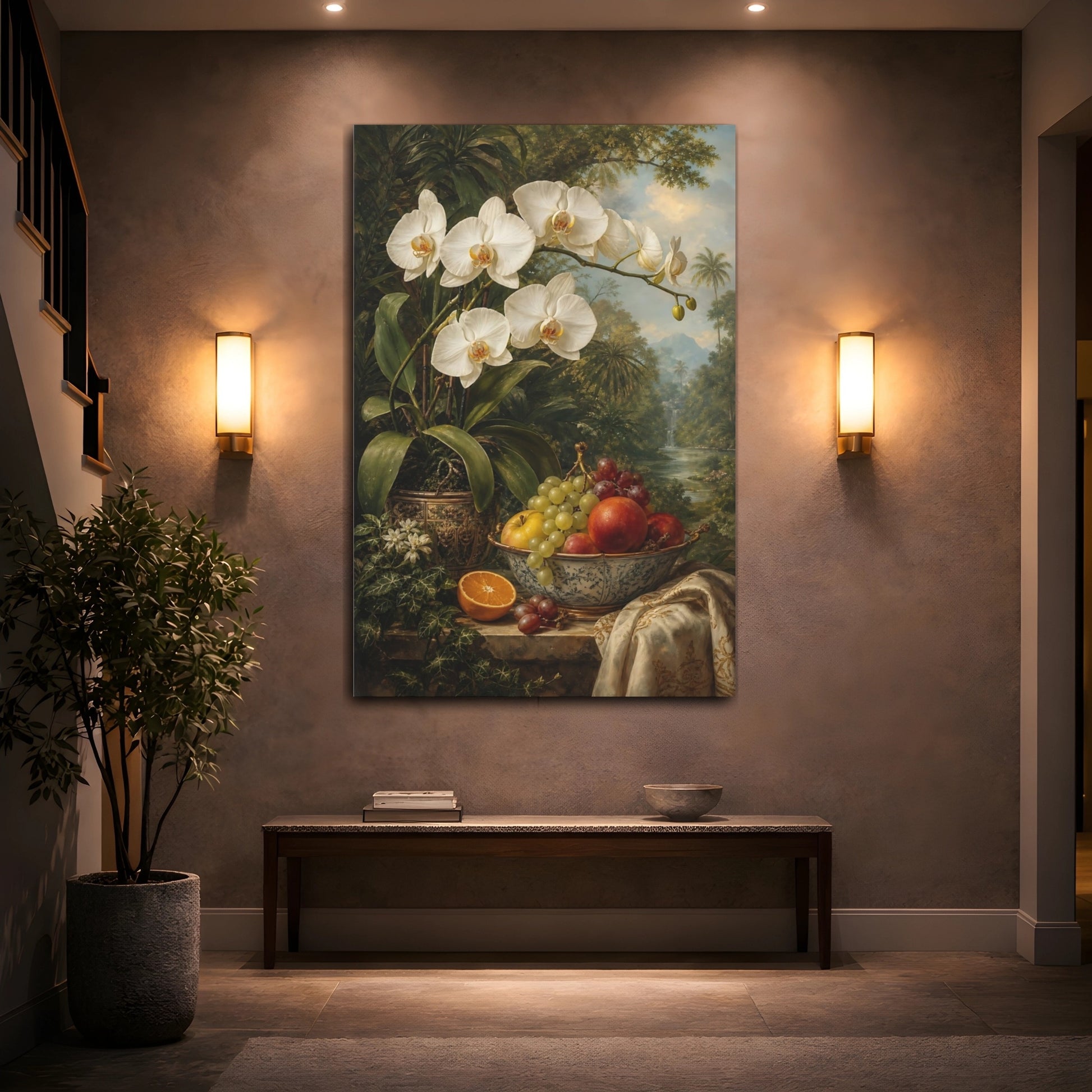 Mockup 2. Floral White Orchid Orchid Still Life shown as stretched canvas wall art