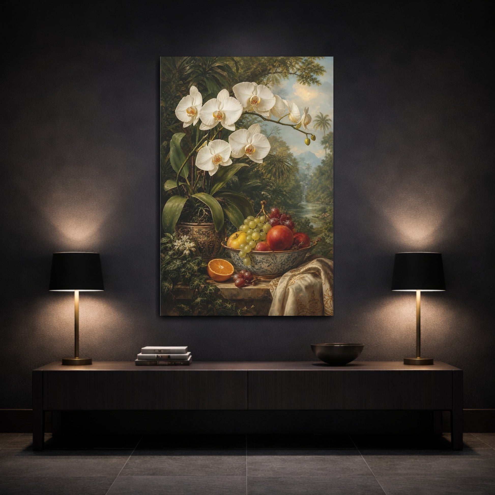 Mockup 3. Floral White Orchid Orchid Still Life shown as stretched canvas wall art