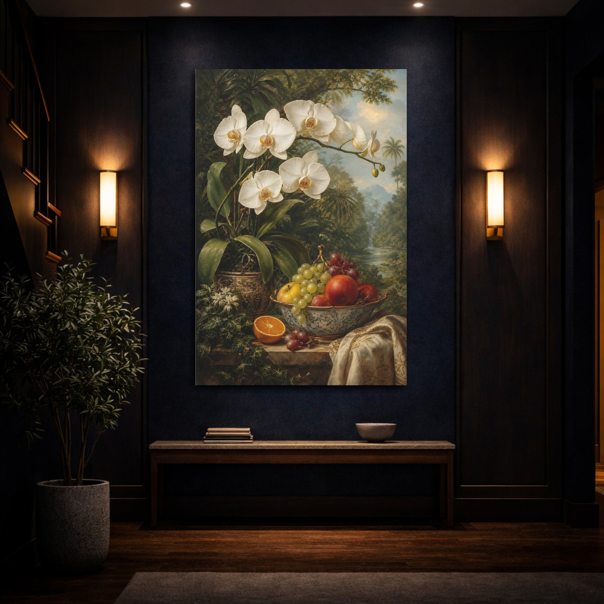 Mockup 4. Floral White Orchid Orchid Still Life shown as stretched canvas wall art