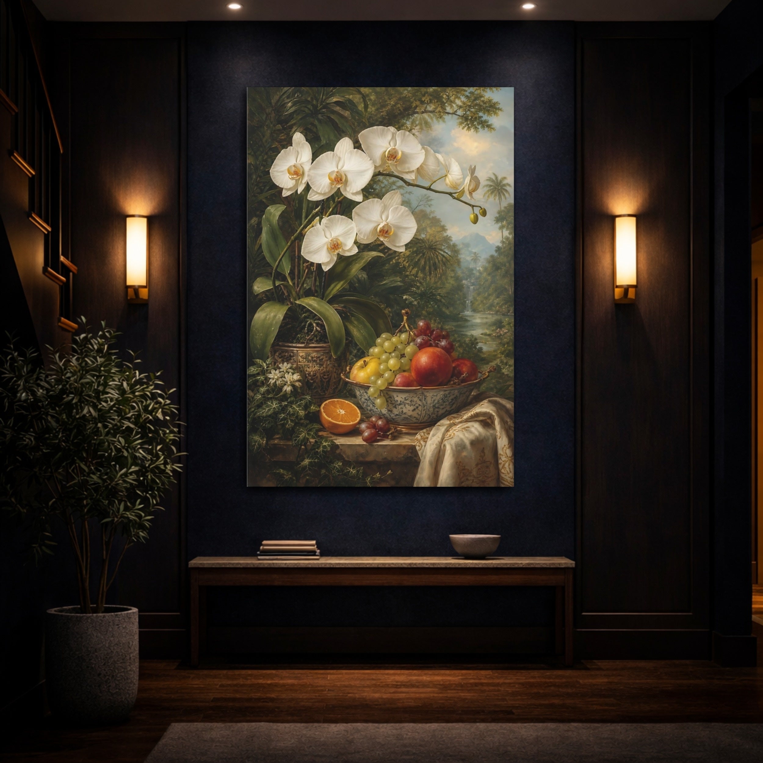 Mockup 4. Floral White Orchid Orchid Still Life shown as stretched canvas wall art