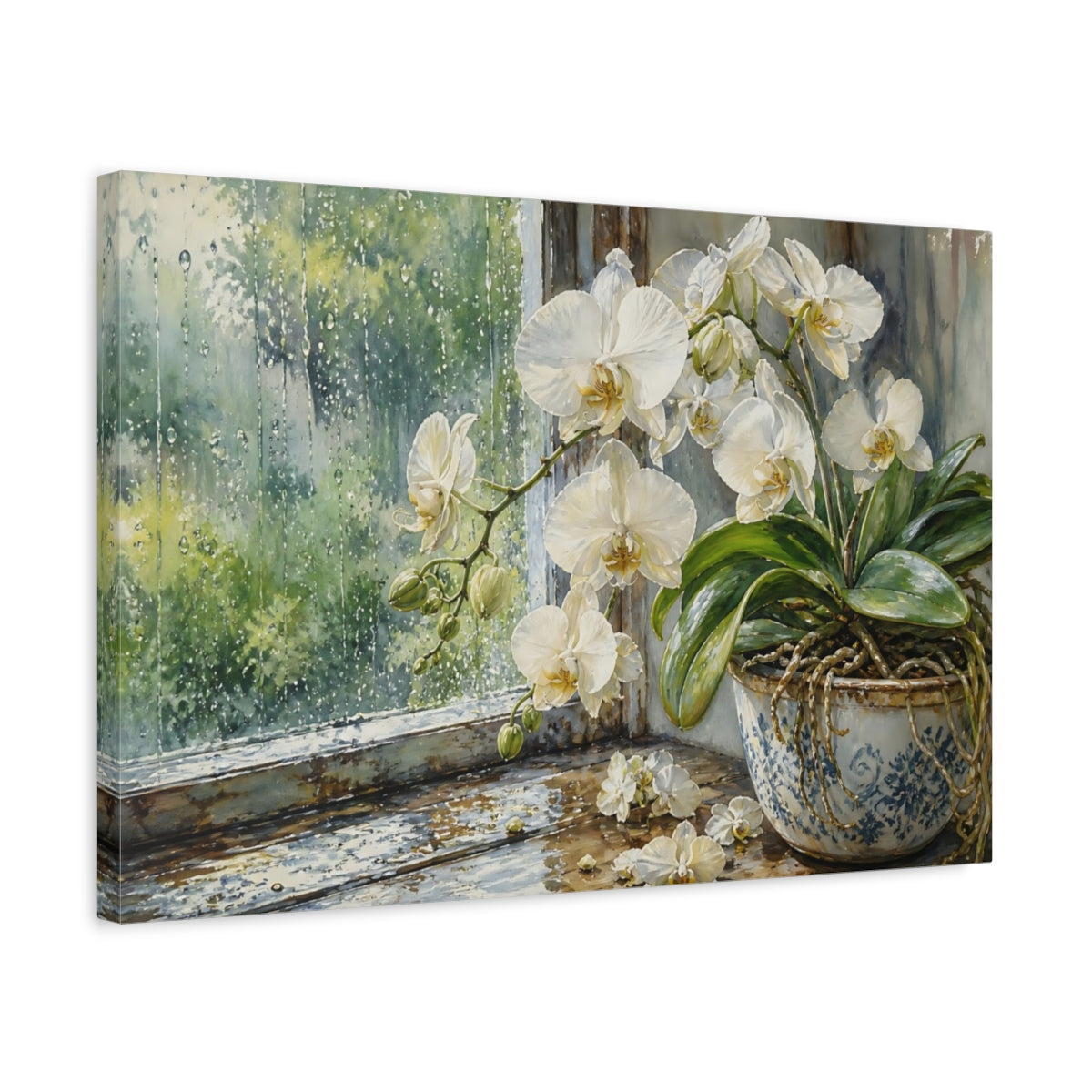 Side Mockup 3. Floral White Orchid White Orchid Rainy shown as stretched canvas wall art
